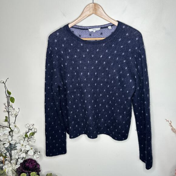 VINCE Starry Dot Mohair Alpaca Crewneck Sweater Indigo Blue Intarsia Sz M {3T20} - Picture 4 of 8